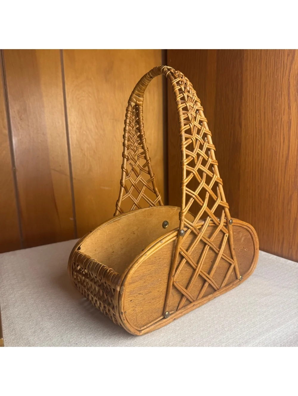 Vintage Woven Rattan Basket With Arched Handle – Boho Storage & Display Basket